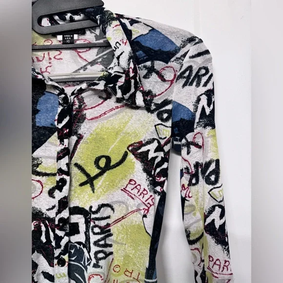 Bebe Vintage Y2K Multicolor Graffiti Mesh  Quarter Sleeve Too Button Up - Picture 2 of 6